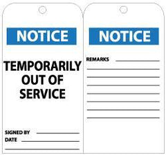 NMC - 3" High x 6" Long, NOTICE - TEMPORARIILY OUT OF SERVICE, English Safety & Facility Lockout Tag - Tag Header: Notice, 2 Sides, Black, White & Blue Unrippable Vinyl - Americas Industrial Supply