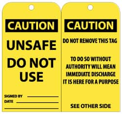 NMC - 3" High x 6" Long, CAUTION - UNSAFE - DO NOT USE, English Safety & Facility Lockout Tag - Tag Header: CAUTION, 2 Sides, Black & Yellow Unrippable Vinyl - Americas Industrial Supply