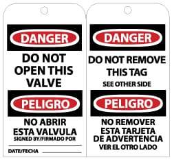 NMC - 3" High x 6" Long, DANGER - DO NOT OPEN THIS VALVE, English Safety & Facility Lockout Tag - Tag Header: Danger, 2 Sides, Black, Red & White Unrippable Vinyl - Americas Industrial Supply