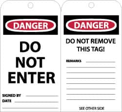 NMC - 3" High x 6" Long, DANGER - DO NOT ENTER, English Safety & Facility Lockout Tag - Tag Header: Danger, 2 Sides, Black, Red & White Unrippable Vinyl - Americas Industrial Supply