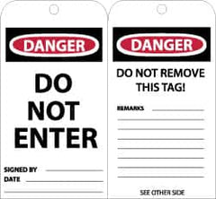 NMC - 3" High x 6" Long, DANGER - DO NOT ENTER, English Safety & Facility Lockout Tag - Tag Header: Danger, 2 Sides, Black, Red & White Unrippable Vinyl - Americas Industrial Supply