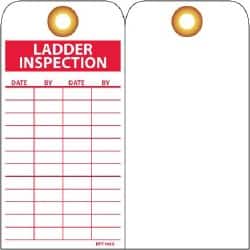 NMC - 3" High x 6" Long, LADDER INSPECTION, English Safety & Facility Inspection Tag - Tag Header: Danger, 1 Side, Red & White Unrippable Vinyl - Americas Industrial Supply