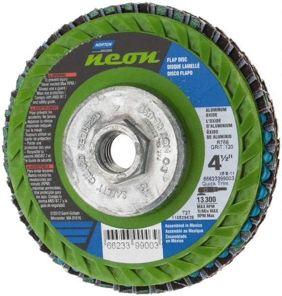 Norton - 120 Grit, 4-1/2" Disc Diam, 5/8-11 Center Hole, Type 27 Ceramic Alumina Flap Disc - 13,300 Max RPM, Polyester Backing, Arbor Attaching System, Coated - Americas Industrial Supply