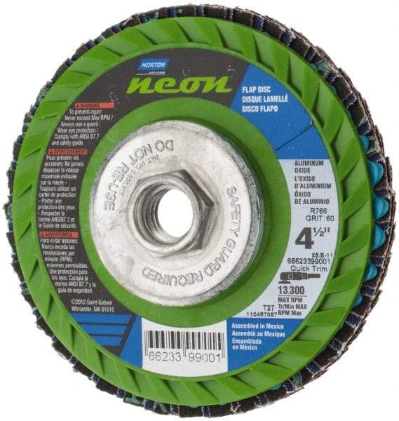 Norton - 60 Grit, 4-1/2" Disc Diam, 5/8-11 Center Hole, Type 27 Ceramic Alumina Flap Disc - 13,300 Max RPM, Polyester Backing, Arbor Attaching System, Coated - Americas Industrial Supply