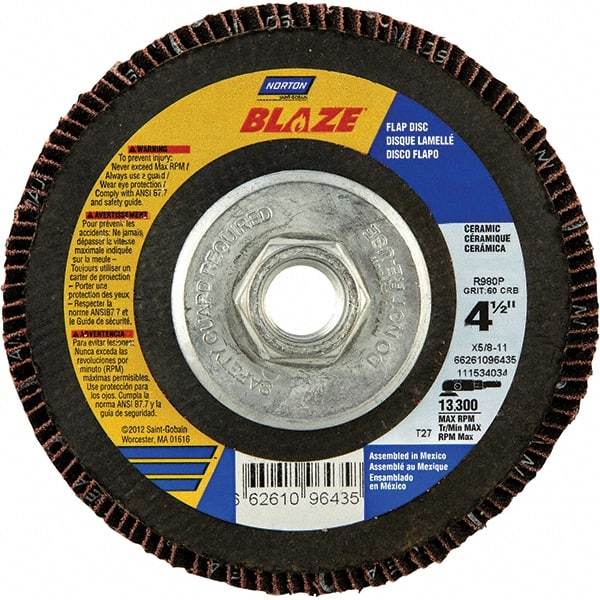 Norton - 80 Grit, 4-1/2" Disc Diam, 5/8-11 Center Hole, Type 27 Ceramic Alumina Flap Disc - 13,000 Max RPM, Cloth Backing, Arbor Attaching System, Coated - Americas Industrial Supply