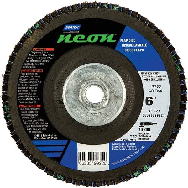Norton - 80 Grit, 6" Disc Diam, 5/8-11 Center Hole, Type 27 Ceramic Alumina Flap Disc - 10,200 Max RPM, Polyester Backing, Arbor Attaching System, Coated - Americas Industrial Supply