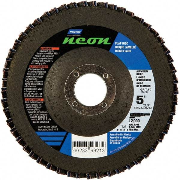 Norton - 36 Grit, 5" Disc Diam, 7/8" Center Hole, Type 27 Ceramic Alumina Flap Disc - 12,000 Max RPM, Polyester Backing, Arbor Attaching System, Coated - Americas Industrial Supply