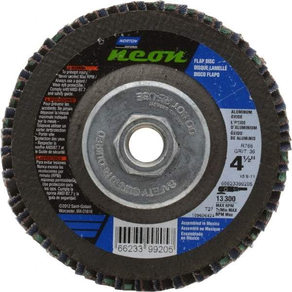 Norton - 36 Grit, 4-1/2" Disc Diam, 5/8-11 Center Hole, Type 27 Ceramic Alumina Flap Disc - 13,300 Max RPM, Polyester Backing, Arbor Attaching System, Coated - Americas Industrial Supply