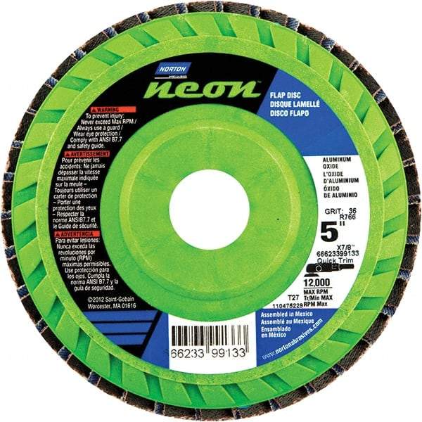 Norton - 36 Grit, 5" Disc Diam, 7/8" Center Hole, Type 27 Ceramic Alumina Flap Disc - 12,000 Max RPM, Polyester Backing, Arbor Attaching System, Coated - Americas Industrial Supply