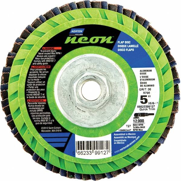 Norton - 60 Grit, 5" Disc Diam, 5/8-11 Center Hole, Type 27 Ceramic Alumina Flap Disc - 12,000 Max RPM, Polyester Backing, Arbor Attaching System, Coated - Americas Industrial Supply