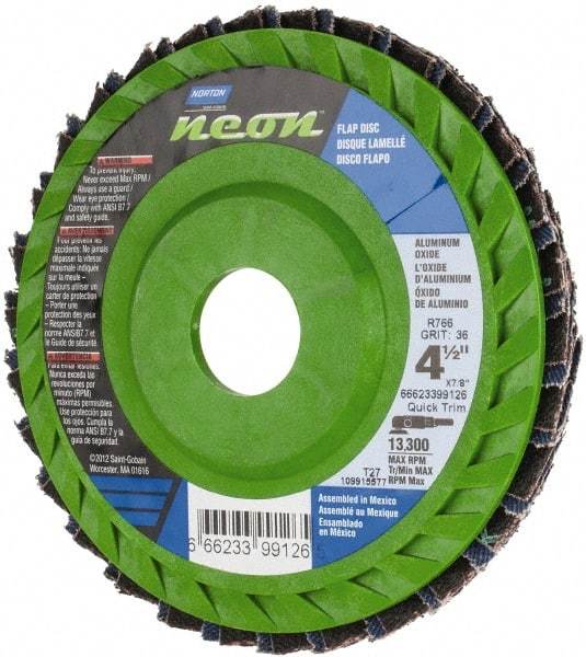 Norton - 36 Grit, 4-1/2" Disc Diam, 7/8" Center Hole, Type 27 Ceramic Alumina Flap Disc - 13,300 Max RPM, Polyester Backing, Arbor Attaching System, Coated - Americas Industrial Supply