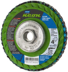 Norton - 80 Grit, 4-1/2" Disc Diam, 5/8-11 Center Hole, Type 27 Ceramic Alumina Flap Disc - 13,300 Max RPM, Polyester Backing, Arbor Attaching System, Coated - Americas Industrial Supply