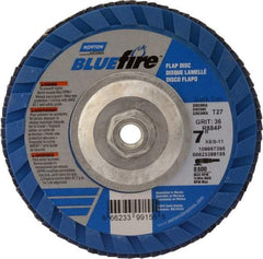 Norton - 36 Grit, 7" Disc Diam, 5/8-11 Center Hole, Type 27 Zirconia Alumina Flap Disc - 8,600 Max RPM, Cloth Backing, Arbor Attaching System, Coated - Americas Industrial Supply