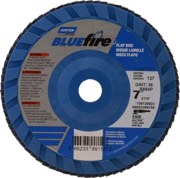 Norton - 36 Grit, 7" Disc Diam, 7/8" Center Hole, Type 27 Zirconia Alumina Flap Disc - 8,600 Max RPM, Cloth Backing, Arbor Attaching System, Coated - Americas Industrial Supply