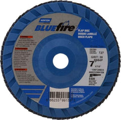 Norton - 36 Grit, 7" Disc Diam, 7/8" Center Hole, Type 27 Zirconia Alumina Flap Disc - 8,600 Max RPM, Cloth Backing, Arbor Attaching System, Coated - Americas Industrial Supply