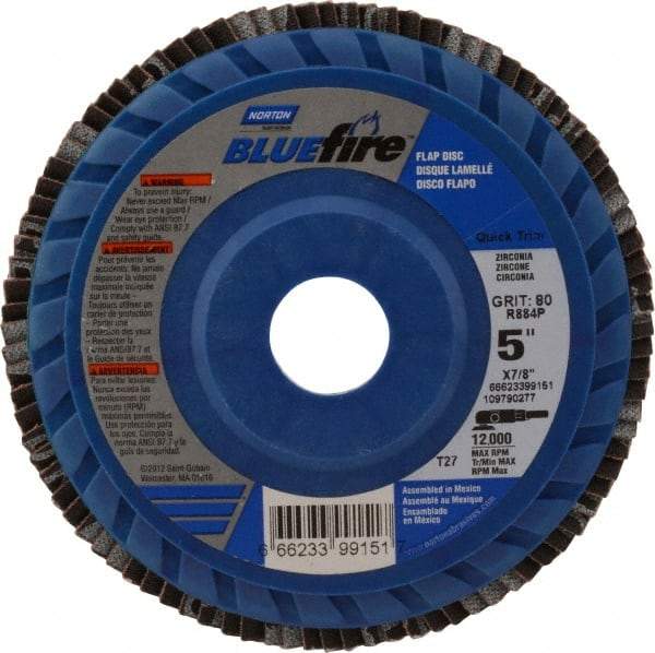 Norton - 80 Grit, 5" Disc Diam, 7/8" Center Hole, Type 27 Zirconia Alumina Flap Disc - 12,000 Max RPM, Cloth Backing, Arbor Attaching System, Coated - Americas Industrial Supply