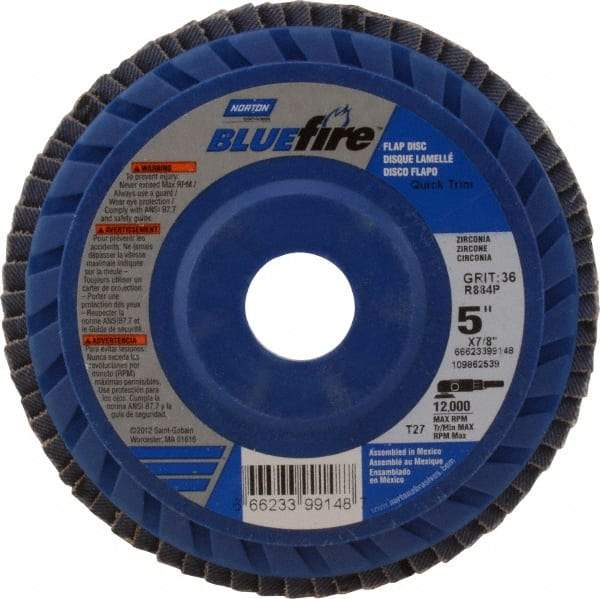 Norton - 36 Grit, 5" Disc Diam, 7/8" Center Hole, Type 27 Zirconia Alumina Flap Disc - 12,000 Max RPM, Cloth Backing, Arbor Attaching System, Coated - Americas Industrial Supply