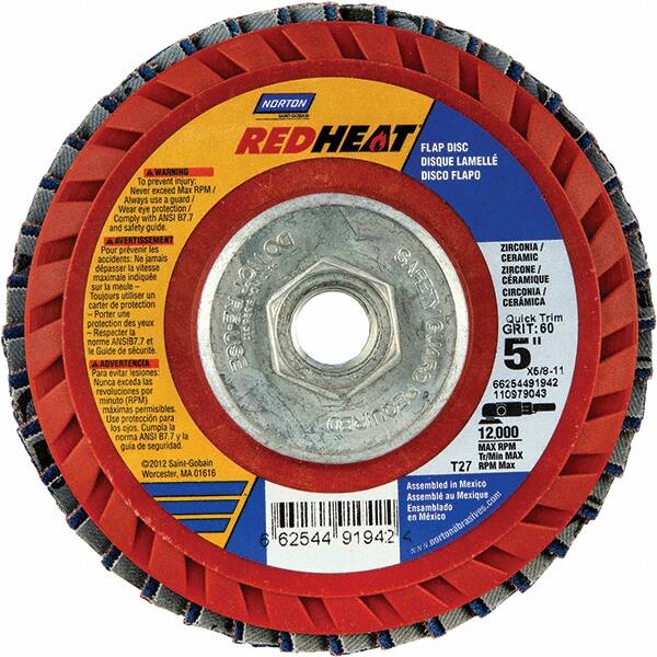 Norton - 40 Grit, 5" Disc Diam, 5/8-11 Center Hole, Type 27 Ceramic Alumina Flap Disc - 12,000 Max RPM, Cloth Backing, Arbor Attaching System, Coated - Americas Industrial Supply