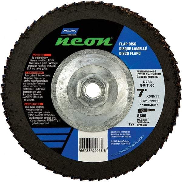 Norton - 36 Grit, 7" Disc Diam, 5/8-11 Center Hole, Type 27 Ceramic Alumina Flap Disc - 8,600 Max RPM, Polyester Backing, Arbor Attaching System, Coated - Americas Industrial Supply