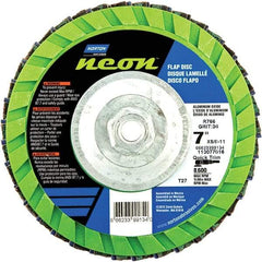 Norton - 80 Grit, 7" Disc Diam, 5/8-11 Center Hole, Type 27 Ceramic Alumina Flap Disc - 8,600 Max RPM, Polyester Backing, Arbor Attaching System, Coated - Americas Industrial Supply
