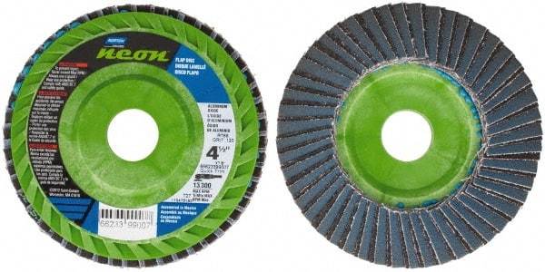 Norton - 120 Grit, 4-1/2" Disc Diam, 7/8" Center Hole, Type 27 Ceramic Alumina Flap Disc - 13,300 Max RPM, Polyester Backing, Arbor Attaching System, Coated - Americas Industrial Supply