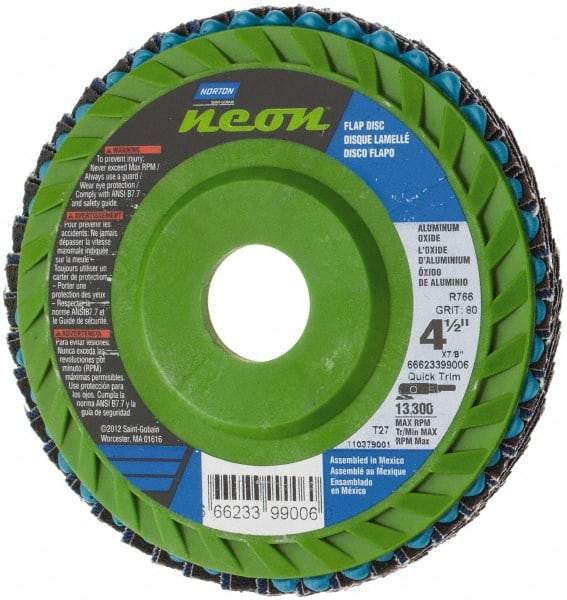 Norton - 80 Grit, 4-1/2" Disc Diam, 7/8" Center Hole, Type 27 Ceramic Alumina Flap Disc - 13,300 Max RPM, Polyester Backing, Arbor Attaching System, Coated - Americas Industrial Supply