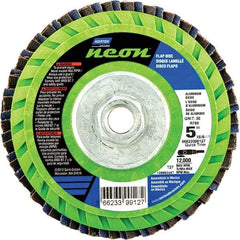Norton - 120 Grit, 5" Disc Diam, 5/8-11 Center Hole, Type 27 Ceramic Alumina Flap Disc - 12,000 Max RPM, Polyester Backing, Arbor Attaching System, Coated - Americas Industrial Supply