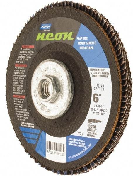 Norton - 60 Grit, 6" Disc Diam, 5/8-11 Center Hole, Type 27 Ceramic Alumina Flap Disc - 10,200 Max RPM, Polyester Backing, Arbor Attaching System, Coated - Americas Industrial Supply