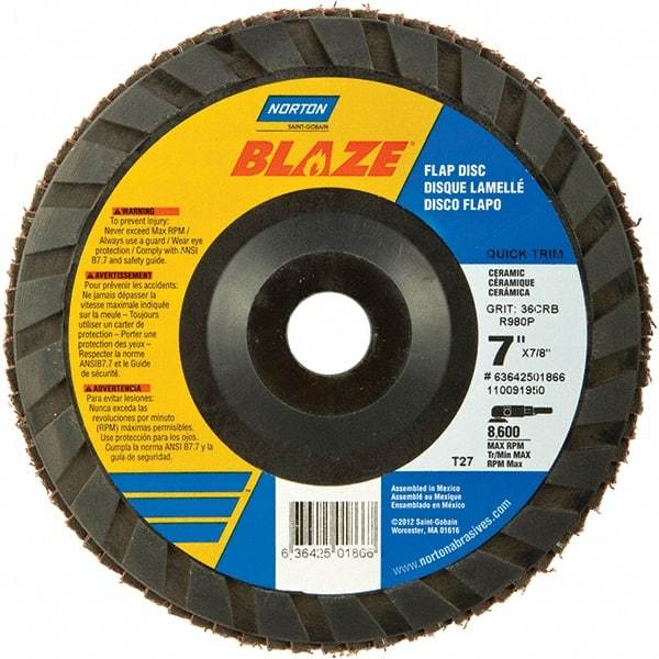 Norton - 120 Grit, 7" Disc Diam, 7/8" Center Hole, Type 27 Ceramic Alumina Flap Disc - 8,600 Max RPM, Polyester Backing, Arbor Attaching System, Coated - Americas Industrial Supply