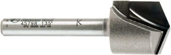 Amana Tool - 23/32" Cut Diam, 1/2" Length of Cut, 2 Flute V-Groove Edge Profile Router Bit - Carbide-Tipped, 1/4" Shank Diam, 2-1/4" OAL, Uncoated - Americas Industrial Supply