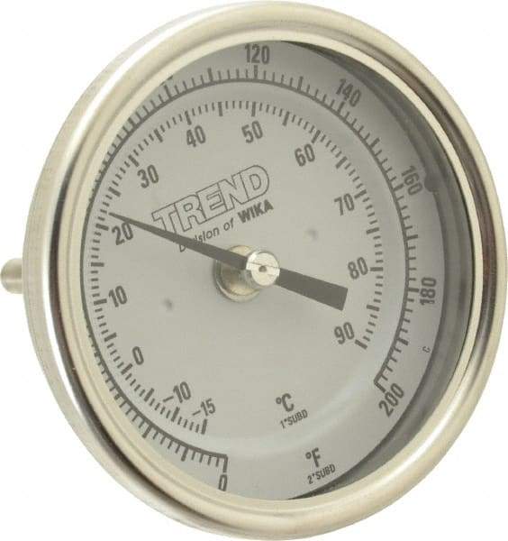 Wika - 2-1/2 Inch Long Stem, 3 Inch Dial Diameter, Stainless Steel, Back Connected Bi-Metal Thermometer - -15 to 90°C, 1% Accuracy - Americas Industrial Supply