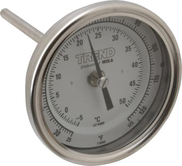 Wika - 4 Inch Long Stem, 3 Inch Dial Diameter, Stainless Steel, Back Connected Bi-Metal Thermometer - -5 to 50°C, 1% Accuracy - Americas Industrial Supply