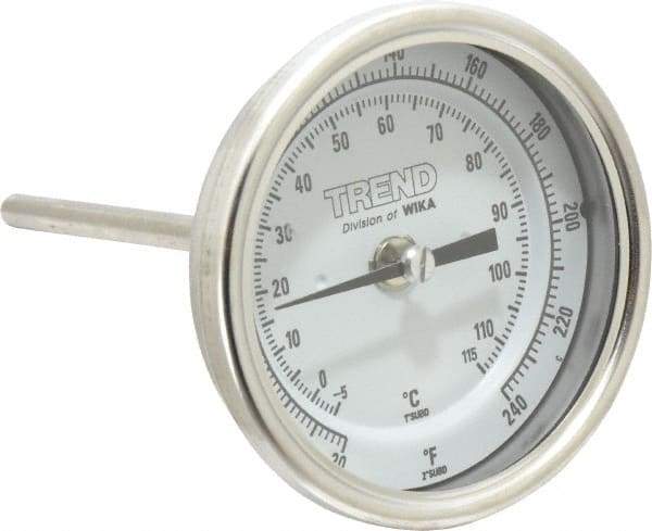 Wika - 4 Inch Long Stem, 3 Inch Dial Diameter, Stainless Steel, Back Connected Bi-Metal Thermometer - -5 to 115°C, 1% Accuracy - Americas Industrial Supply