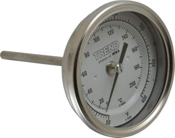 Wika - 4 Inch Long Stem, 3 Inch Dial Diameter, Stainless Steel, Back Connected Bi-Metal Thermometer - 10 to 200°C, 1% Accuracy - Americas Industrial Supply