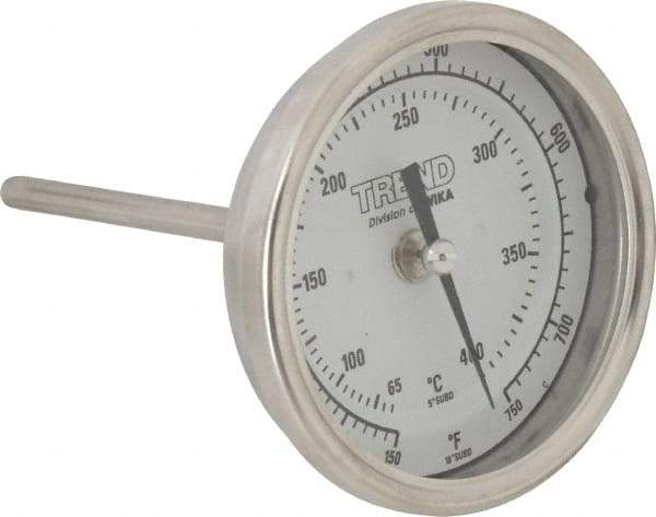 Wika - 4 Inch Long Stem, 3 Inch Dial Diameter, Stainless Steel, Back Connected Bi-Metal Thermometer - 65 to 400°C, 1% Accuracy - Americas Industrial Supply