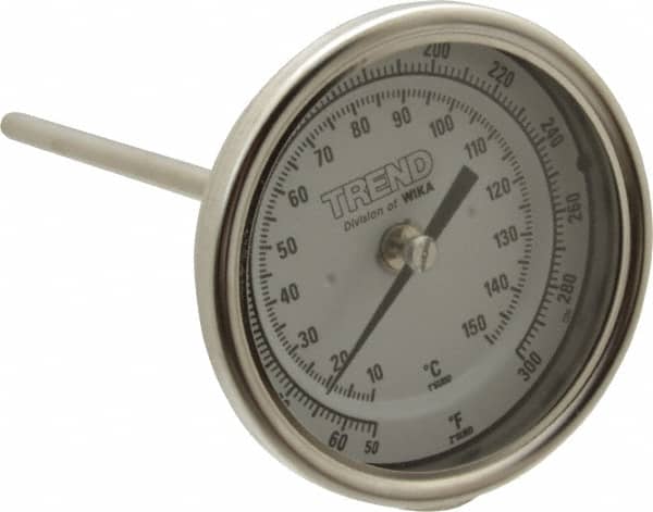 Wika - 6 Inch Long Stem, 3 Inch Dial Diameter, Stainless Steel, Back Connected Bi-Metal Thermometer - 10 to 150°C, 1% Accuracy - Americas Industrial Supply