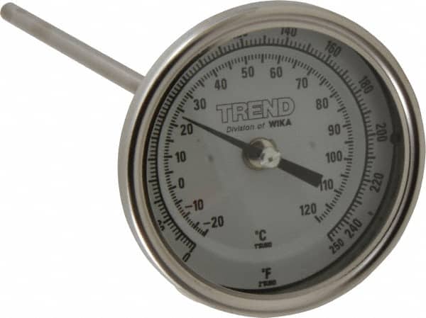 Wika - 9 Inch Long Stem, 3 Inch Dial Diameter, Stainless Steel, Back Connected Bi-Metal Thermometer - -20 to 120°C, 1% Accuracy - Americas Industrial Supply