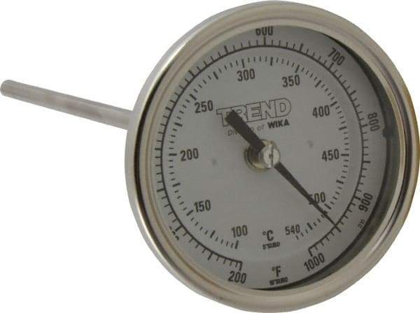 Wika - 9 Inch Long Stem, 3 Inch Dial Diameter, Stainless Steel, Back Connected Bi-Metal Thermometer - 100 to 540°C, 1% Accuracy - Americas Industrial Supply