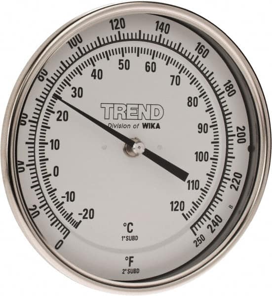 Wika - 2-1/2 Inch Long Stem, 5 Inch Dial Diameter, Stainless Steel, Back Connected Bi-Metal Thermometer - -20 to 120°C, 1% Accuracy - Americas Industrial Supply