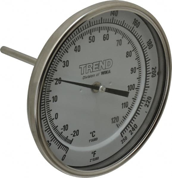 Wika - 4 Inch Long Stem, 5 Inch Dial Diameter, Stainless Steel, Back Connected Bi-Metal Thermometer - -20 to 120°C, 1% Accuracy - Americas Industrial Supply