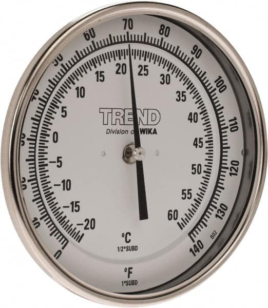 Wika - 6 Inch Long Stem, 5 Inch Dial Diameter, Stainless Steel, Back Connected Bi-Metal Thermometer - -20 to 60°C, 1% Accuracy - Americas Industrial Supply
