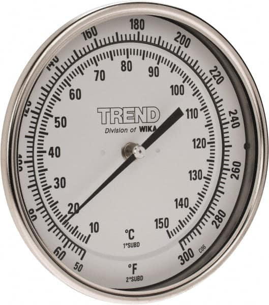 Wika - 6 Inch Long Stem, 5 Inch Dial Diameter, Stainless Steel, Back Connected Bi-Metal Thermometer - 10 to 150°C, 1% Accuracy - Americas Industrial Supply