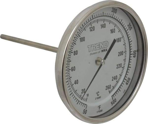 Wika - 6 Inch Long Stem, 5 Inch Dial Diameter, Stainless Steel, Back Connected Bi-Metal Thermometer - 10 to 260°C, 1% Accuracy - Americas Industrial Supply