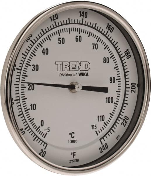 Wika - 9 Inch Long Stem, 5 Inch Dial Diameter, Stainless Steel, Back Connected Bi-Metal Thermometer - -5 to 115°C, 1% Accuracy - Americas Industrial Supply