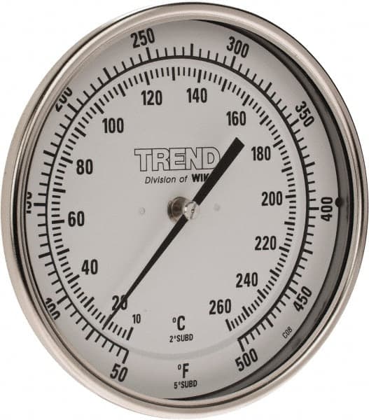 Wika - 9 Inch Long Stem, 5 Inch Dial Diameter, Stainless Steel, Back Connected Bi-Metal Thermometer - 10 to 260°C, 1% Accuracy - Americas Industrial Supply