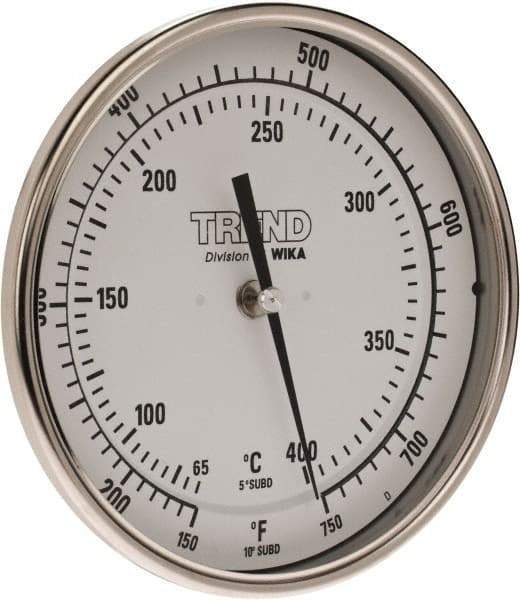 Wika - 9 Inch Long Stem, 5 Inch Dial Diameter, Stainless Steel, Back Connected Bi-Metal Thermometer - 65 to 400°C, 1% Accuracy - Americas Industrial Supply