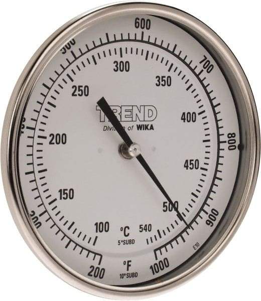 Wika - 9 Inch Long Stem, 5 Inch Dial Diameter, Stainless Steel, Back Connected Bi-Metal Thermometer - 100 to 540°C, 1% Accuracy - Americas Industrial Supply