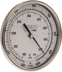 Wika - 9 Inch Long Stem, 5 Inch Dial Diameter, Stainless Steel, Back Connected Bi-Metal Thermometer - 100 to 540°C, 1% Accuracy - Americas Industrial Supply