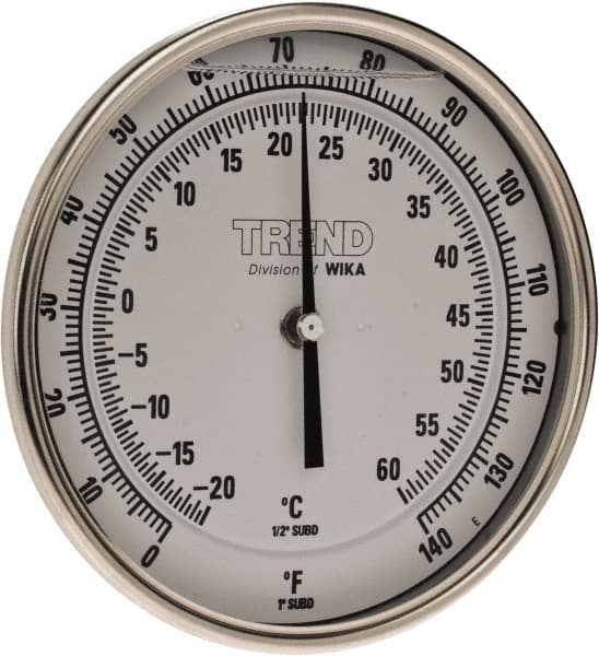 Wika - 4 Inch Long Stem, 5 Inch Dial Diameter, Stainless Steel, Back Connected Bi-Metal Thermometer - -20 to 60°C, 1% Accuracy - Americas Industrial Supply