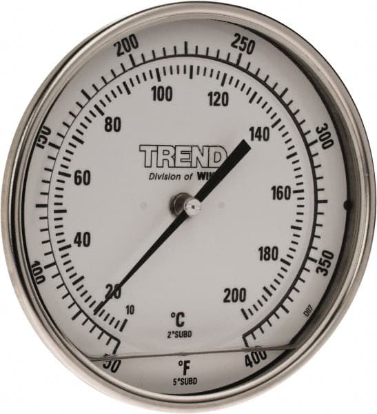 Wika - 4 Inch Long Stem, 5 Inch Dial Diameter, Stainless Steel, Back Connected Bi-Metal Thermometer - 10 to 200°C, 1% Accuracy - Americas Industrial Supply